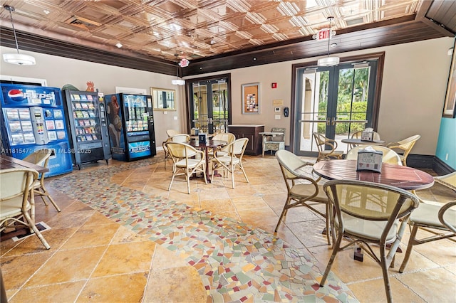 3063 NW 126th Ave, Sunrise, FL 33323 - dining space with french doors, an ornate ceiling, and stone tile floors