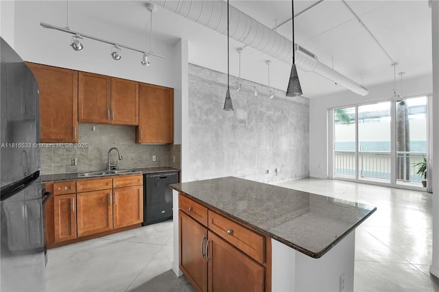 2001 Biscayne Blvd Unit 2305, Miami, FL 33137 - kitchen with a sink, black dishwasher, freestanding refrigerator, and rail lighting