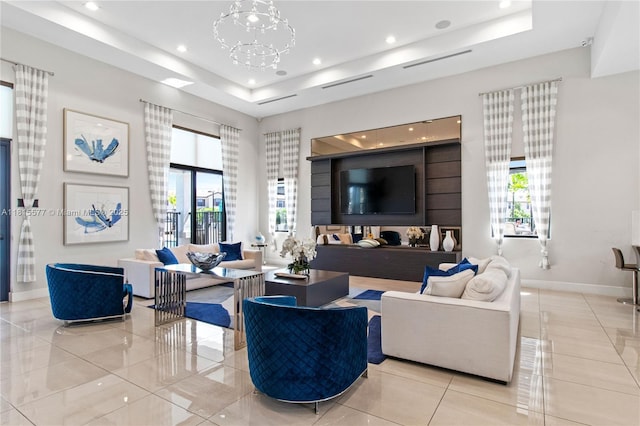 10617 W 33rd Way, Hialeah, FL 33018 - living area with a tray ceiling, recessed lighting, baseboards, and tile patterned floors