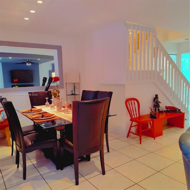 7486 SW 162nd Ct, Miami, FL 33193 - dining space with ceiling fan, recessed lighting, stairs, and light tile patterned floors