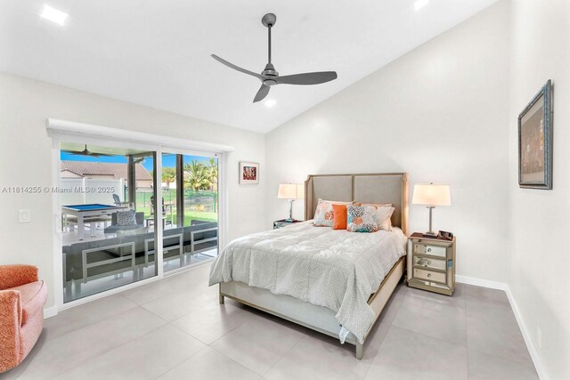 1240 NW 161st Ave, Pembroke Pines, FL 33028 - tiled bedroom featuring access to outside, baseboards, ceiling fan, and high vaulted ceiling