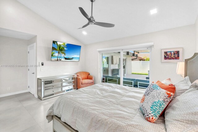 1240 NW 161st Ave, Pembroke Pines, FL 33028 - bedroom featuring vaulted ceiling, access to exterior, baseboards, ceiling fan, and finished concrete flooring