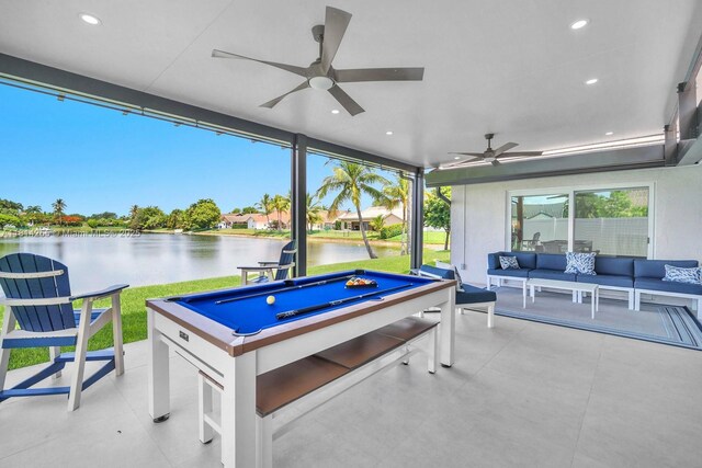 1240 NW 161st Ave, Pembroke Pines, FL 33028 - view of patio / terrace with an outdoor hangout area, ceiling fan, a water view, and a jacuzzi