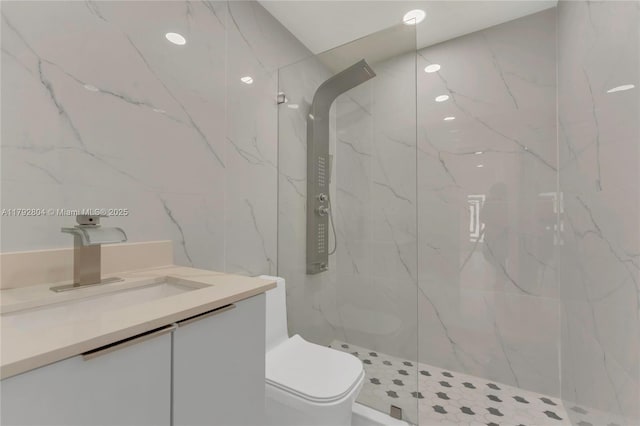 2357 SW 11th Ter, Miami, FL 33135 - full bathroom with toilet, a marble finish shower, vanity, and tile walls