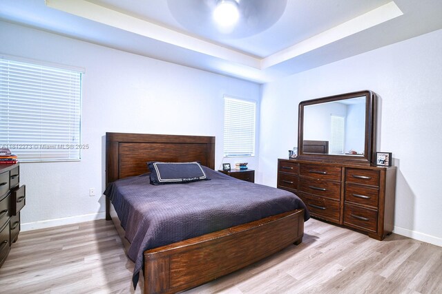 6489 N Anise Ct, Davie, FL 33314 - bedroom with a raised ceiling, light wood-type flooring, ceiling fan, and multiple windows