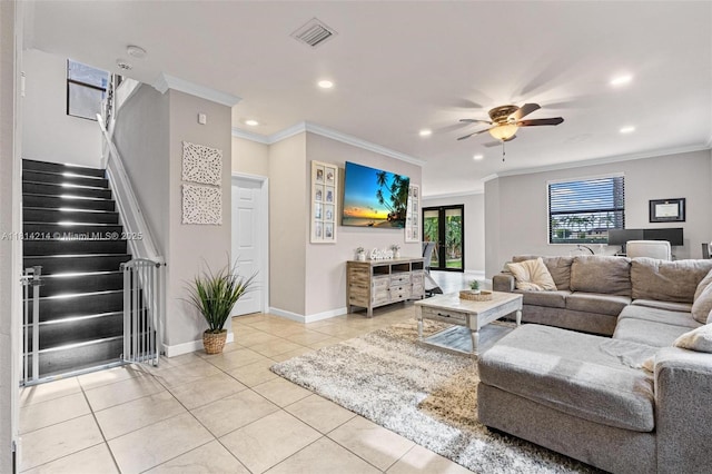 3401 SE 5th St, Homestead, FL 33033 - living room featuring light tile patterned floors, stairs, recessed lighting, ceiling fan, and crown molding