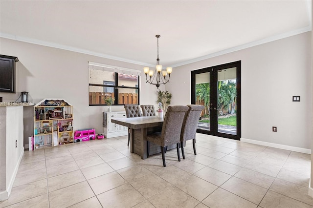 3401 SE 5th St, Homestead, FL 33033 - dining area featuring crown molding, a chandelier, light tile patterned floors, french doors, and baseboards