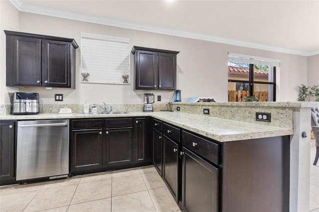 3401 SE 5th St, Homestead, FL 33033 - kitchen with dishwasher, a sink, a peninsula, crown molding, and light tile patterned flooring