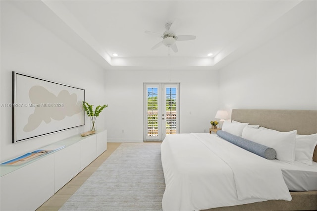 615 Santander Ave Unit C, Coral Gables, FL 33134 - bedroom featuring access to exterior, french doors, a raised ceiling, recessed lighting, and ceiling fan