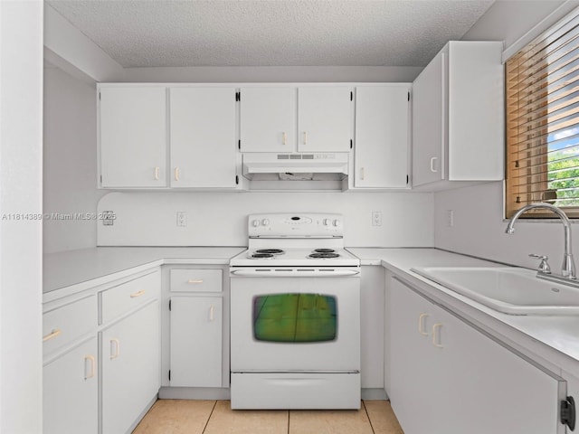 7905 W 30th Ct Unit 204, Hialeah, FL 33018 - kitchen featuring white electric range, under cabinet range hood, a sink, light countertops, and a textured ceiling