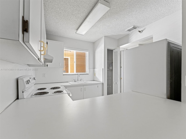 7905 W 30th Ct Unit 204, Hialeah, FL 33018 - kitchen with electric range, a sink, a textured ceiling, white cabinets, and light countertops