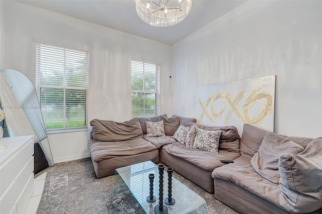 15104 SW 176th St, Miami, FL 33187 - living area featuring a chandelier, baseboards, and vaulted ceiling