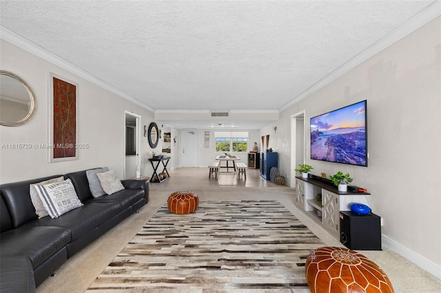 3850 E Oaks Clubhouse Dr Unit 504, Pompano Beach, FL 33069 - carpeted living room featuring a textured ceiling, baseboards, and crown molding