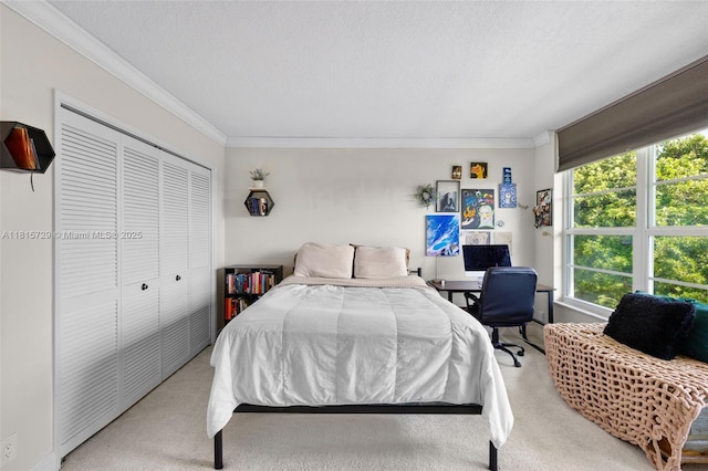 3850 E Oaks Clubhouse Dr Unit 504, Pompano Beach, FL 33069 - bedroom with crown molding, light carpet, a closet, and a textured ceiling