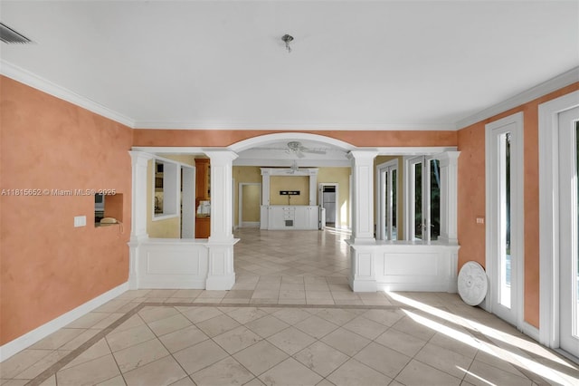 345 Harbor Ln, Key Biscayne, FL 33149 - hall featuring light tile patterned floors, ornamental molding, baseboards, decorative columns, and inlaid floor details