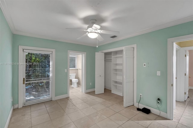 345 Harbor Ln, Key Biscayne, FL 33149 - unfurnished bedroom featuring baseboards, crown molding, ceiling fan, a closet, and light tile patterned floors