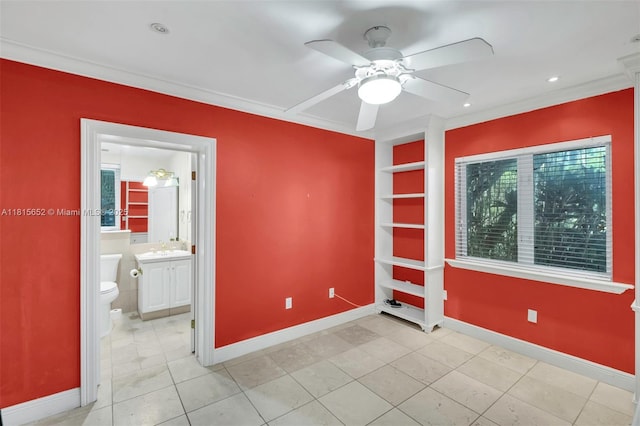 345 Harbor Ln, Key Biscayne, FL 33149 - unfurnished room with baseboards, light tile patterned flooring, a ceiling fan, ornamental molding, and recessed lighting