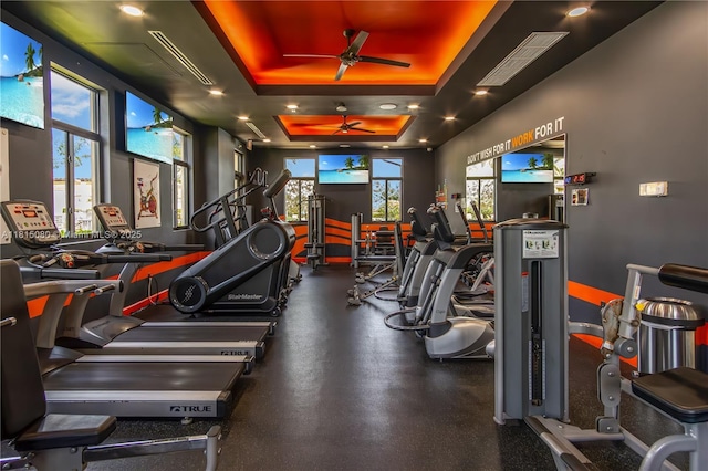 724 SE 37th Ave, Homestead, FL 33033 - gym with a raised ceiling, ceiling fan, and baseboards