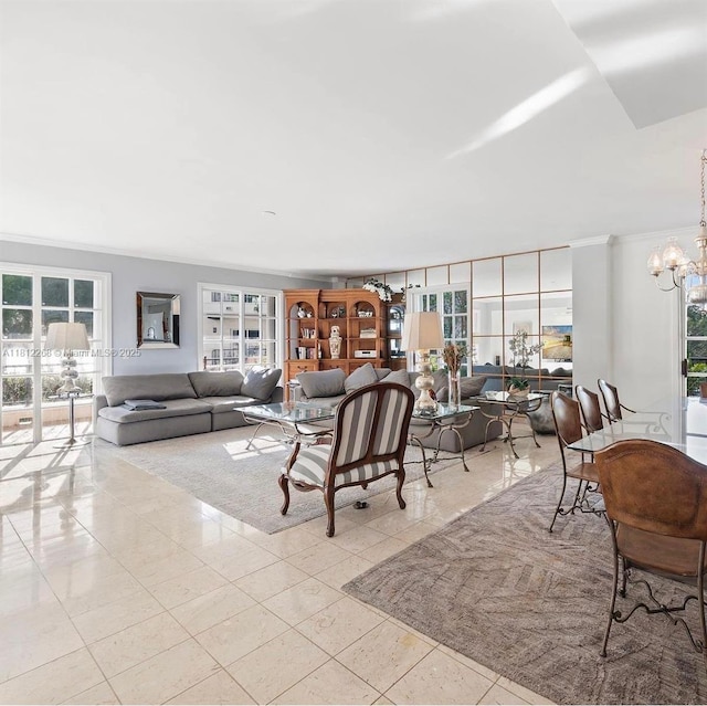 2124 Fisher Island Dr Unit 2124, Miami Beach, FL 33109 - tiled living area featuring a chandelier, healthy amount of natural light, and ornamental molding