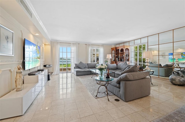2124 Fisher Island Dr Unit 2124, Miami Beach, FL 33109 - living area featuring light tile patterned floors and crown molding
