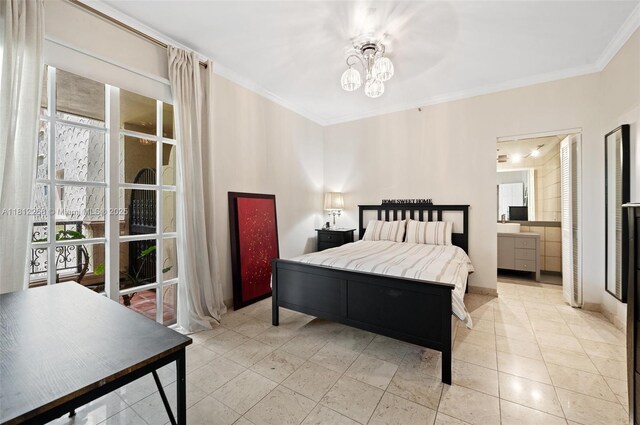2124 Fisher Island Dr Unit 2124, Miami Beach, FL 33109 - bedroom featuring crown molding, a chandelier, ensuite bath, and light tile patterned floors