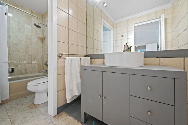 2124 Fisher Island Dr Unit 2124, Miami Beach, FL 33109 - full bath with tile walls, vanity, bathtub / shower combination, and crown molding