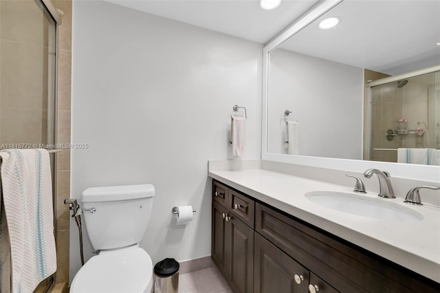 3301 S Palm Aire Dr Unit 106, Pompano Beach, FL 33069 - bathroom with vanity, a stall shower, toilet, tile patterned flooring, and recessed lighting