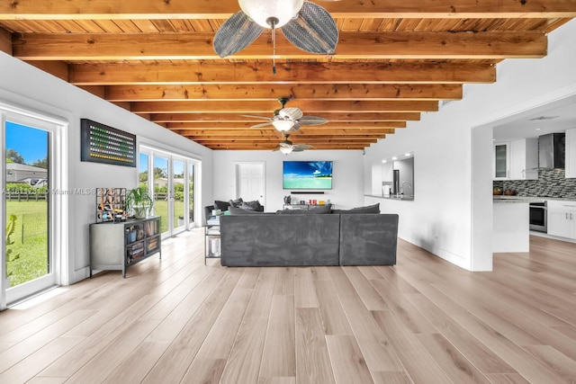 13711 SW 29th St, Davie, FL 33330 - living area with ceiling fan, light wood-style flooring, and wood ceiling with exposed beams