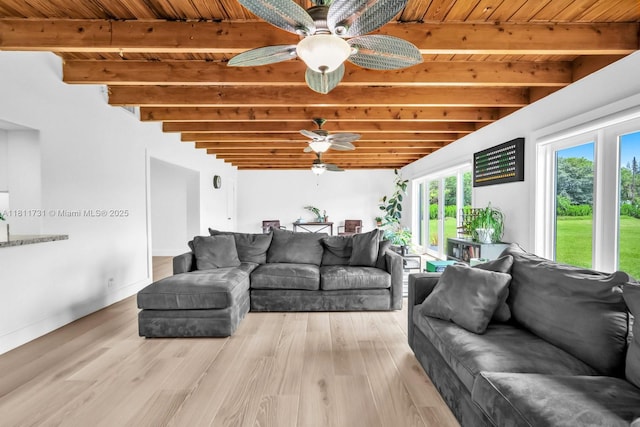 13711 SW 29th St, Davie, FL 33330 - living room with ceiling fan, wooden ceiling with exposed beams, and light wood-style floors
