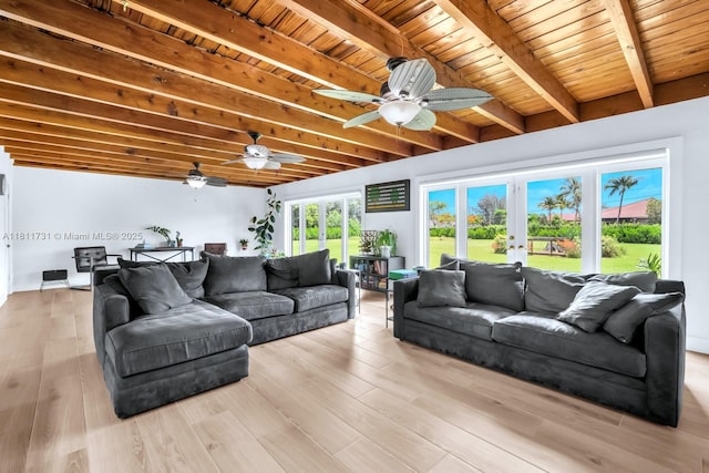 13711 SW 29th St, Davie, FL 33330 - living room featuring a ceiling fan, wood finished floors, wood ceiling with exposed beams, and french doors