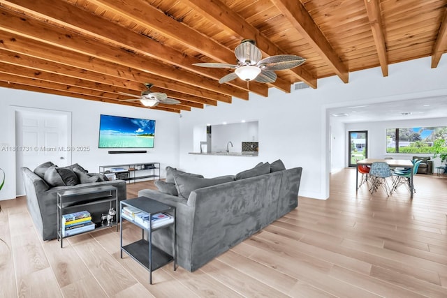 13711 SW 29th St, Davie, FL 33330 - living room with a ceiling fan, light wood-type flooring, and wood ceiling with exposed beams