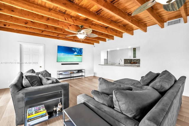 13711 SW 29th St, Davie, FL 33330 - living room with ceiling fan, wood ceiling with exposed beams, and wood finished floors
