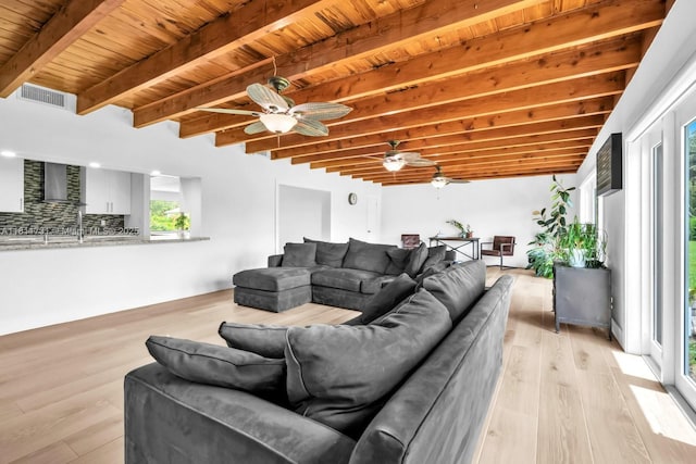 13711 SW 29th St, Davie, FL 33330 - living area with healthy amount of natural light, wooden ceiling with exposed beams, light wood-type flooring, and a ceiling fan