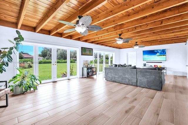 13711 SW 29th St, Davie, FL 33330 - living room with french doors, a ceiling fan, wooden ceiling with exposed beams, and light wood-type flooring