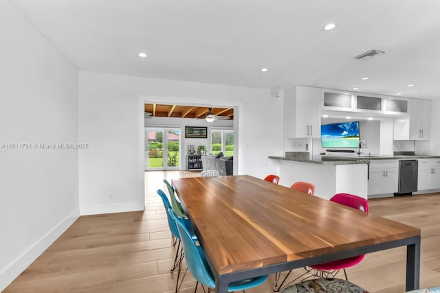 13711 SW 29th St, Davie, FL 33330 - dining space featuring light wood-type flooring, baseboards, recessed lighting, and a ceiling fan