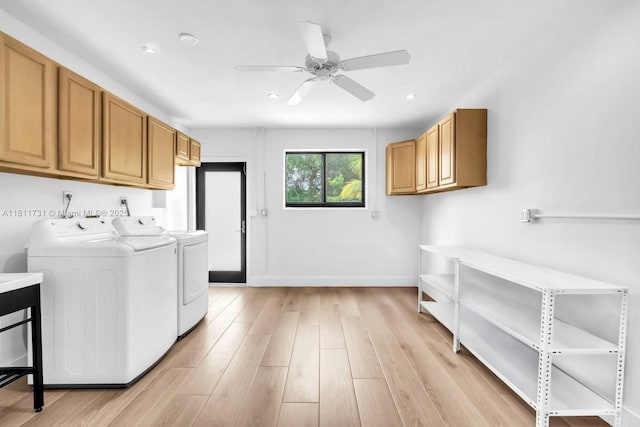 13711 SW 29th St, Davie, FL 33330 - washroom with washing machine and dryer, cabinet space, a ceiling fan, baseboards, and light wood finished floors