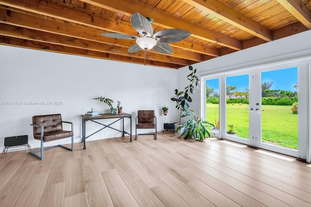 13711 SW 29th St, Davie, FL 33330 - living area featuring wood ceiling with exposed beams, light wood finished floors, ceiling fan, and french doors