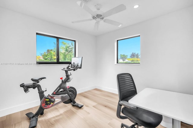 13711 SW 29th St, Davie, FL 33330 - exercise area featuring baseboards, wood finished floors, recessed lighting, and a ceiling fan