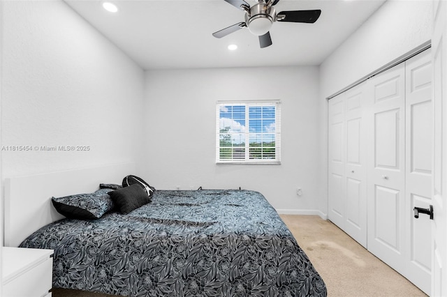 22618 SW 94th Path, Cutler Bay, FL 33190 - bedroom with recessed lighting, carpet floors, a closet, ceiling fan, and baseboards