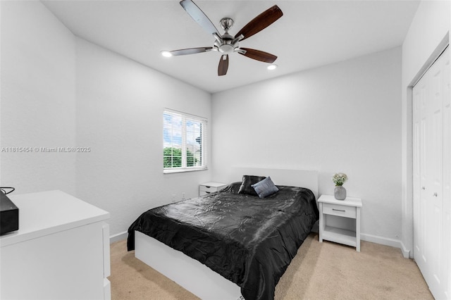 22618 SW 94th Path, Cutler Bay, FL 33190 - bedroom featuring light carpet, baseboards, recessed lighting, and a ceiling fan