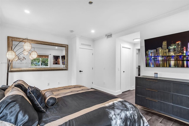 3145 Day Ave Unit 1, Miami, FL 33133 - bedroom with dark wood finished floors, crown molding, recessed lighting, and baseboards