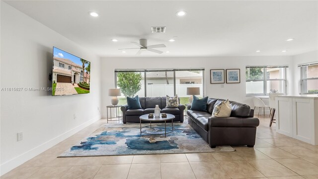 1981 NW 171st Ave, Pembroke Pines, FL 33028 - tiled living room with recessed lighting, a ceiling fan, and baseboards