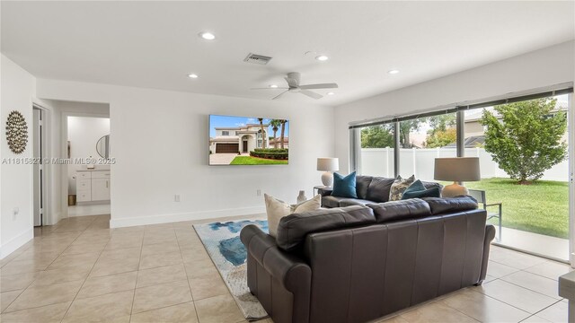 1981 NW 171st Ave, Pembroke Pines, FL 33028 - living room featuring recessed lighting, light tile patterned floors, a ceiling fan, and baseboards
