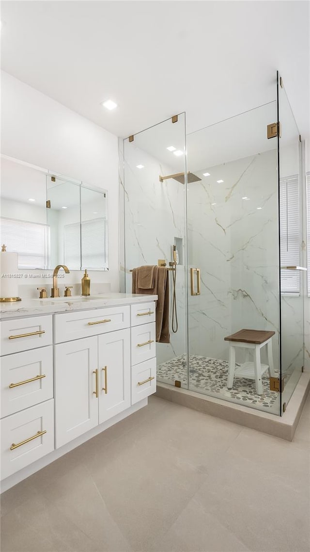 1981 NW 171st Ave, Pembroke Pines, FL 33028 - bathroom featuring a marble finish shower, vanity, recessed lighting, and tile patterned floors