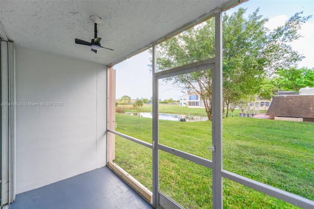 9601 Sunrise Lakes Blvd Unit 106, Sunrise, FL 33322 - unfurnished sunroom featuring a water view and a ceiling fan