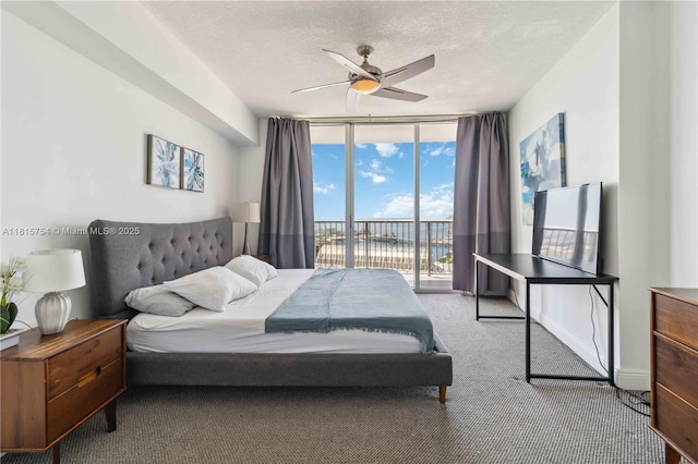 1750 N Bayshore Dr Unit 4604, Miami, FL 33132 - carpeted bedroom featuring expansive windows, access to outside, a textured ceiling, and a ceiling fan