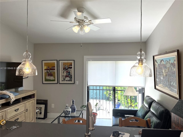 10830 SW 72nd St Unit 14, Miami, FL 33173 - tiled living area featuring a ceiling fan and a desk
