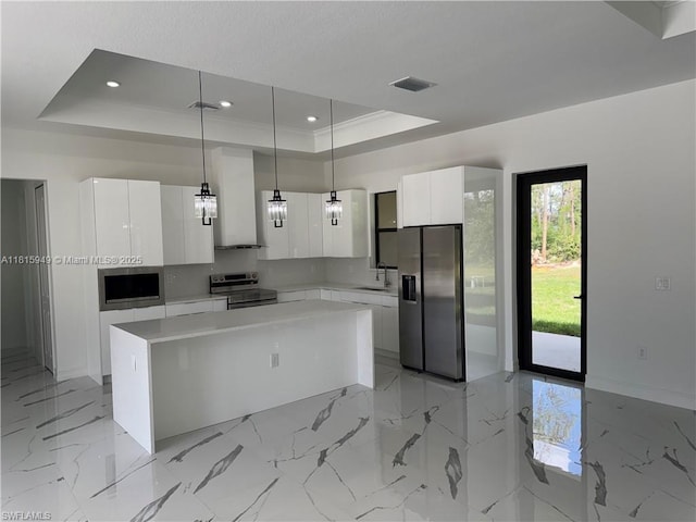 1016 Magnolia Ave, Lehigh Acres, FL 33974 - kitchen featuring appliances with stainless steel finishes, custom range hood, a tray ceiling, modern cabinets, and recessed lighting