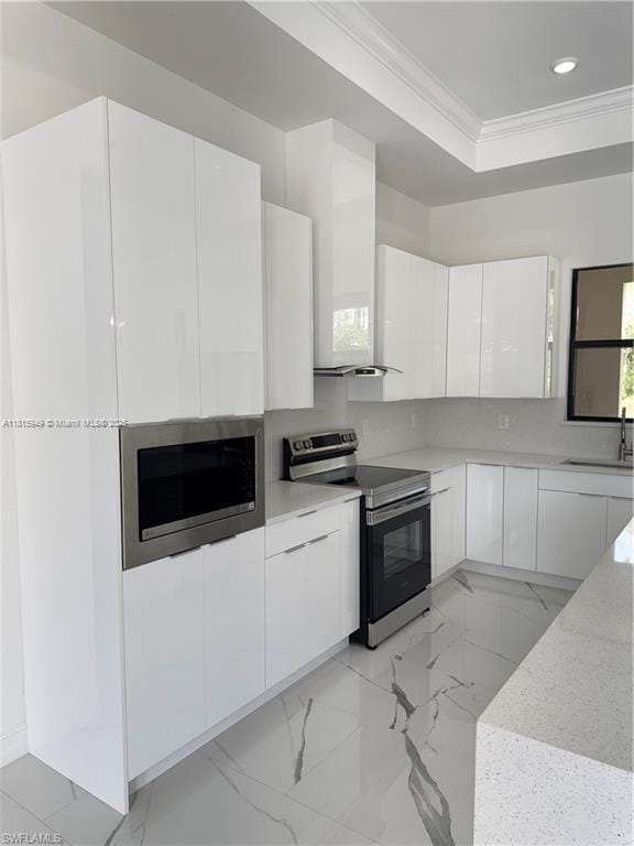 1016 Magnolia Ave, Lehigh Acres, FL 33974 - kitchen featuring appliances with stainless steel finishes, wall chimney range hood, a sink, modern cabinets, and ornamental molding