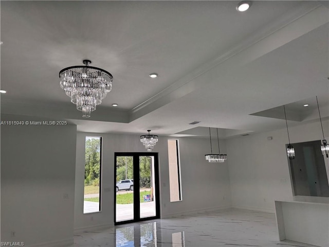 1016 Magnolia Ave, Lehigh Acres, FL 33974 - empty room with a chandelier, marble finish flooring, baseboards, a raised ceiling, and recessed lighting